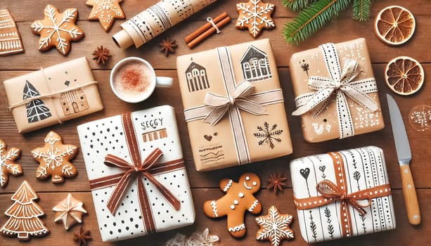 Top-down view of several Christmas presents of different sizes on a wooden table, wrapped in homemade, hand-painted paper with bows and straps. Handmade decorated gingerbread cookies and a cup of hot chocolate add a festive and cozy touch beside the gifts.