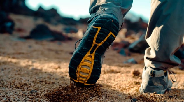 Male legs in trekking shoes close-up, a man walks along a trail among rocky mountains, hiking on a volcano, sand dunes at sunset.