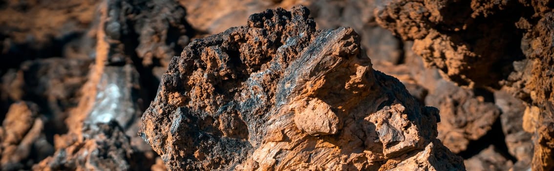Texture of fossilized lava formation after volcano antient erruption in a rock of red shades on a volcanic terrain, black basal inside a stone close-up in the rays of a sun.
