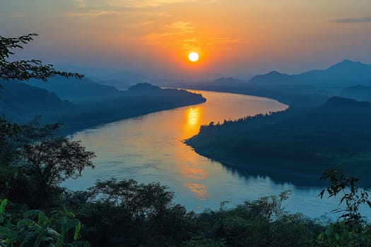 Beautiful river landscape with high green hills at sunrise. Earth day concept.