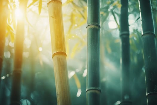 The sun's rays pass between the trunks of bamboo trees.