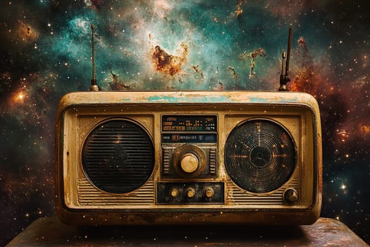 A vintage radio sits on a stand against a backdrop of a cosmic nebula.