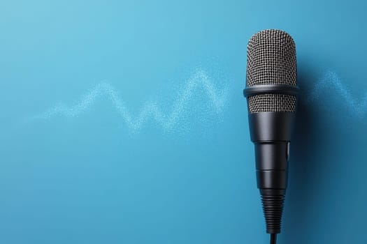 Black microphone with silver mesh head on the right on blue background with shimmering particles. Space for text on the left.