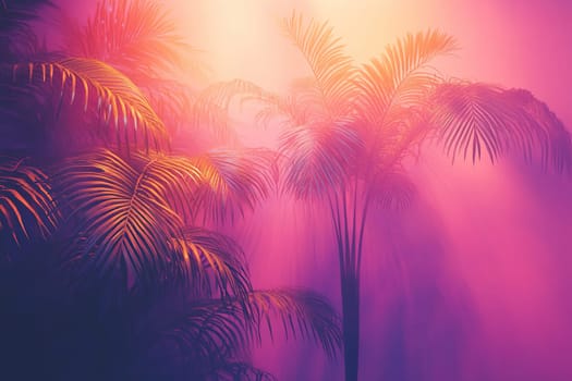 Futuristic view of tropical palm trees bathed in purple pink light.