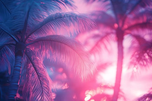 Neon purple background with palm trees. Palm leaves in a light haze against a purple sky.
