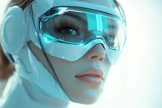 Portrait of a cyborg girl with neon glow in her eyes and protective glasses. Futuristic image of a girl.