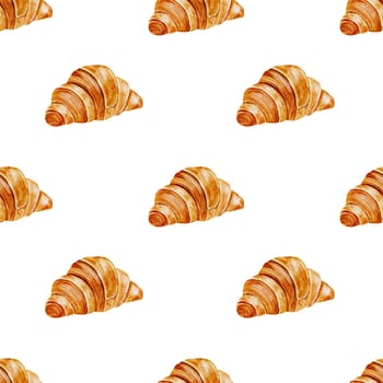 Croissant watercolor pattern. Hand drawn fresh french bun. Food clip art.Ideal for printing packaging in bakery shops, table linens.