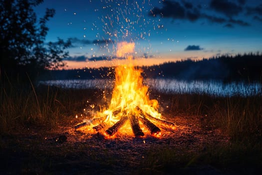 Flame of fire with sparks in the dark. Bonfire on the river bank at night.