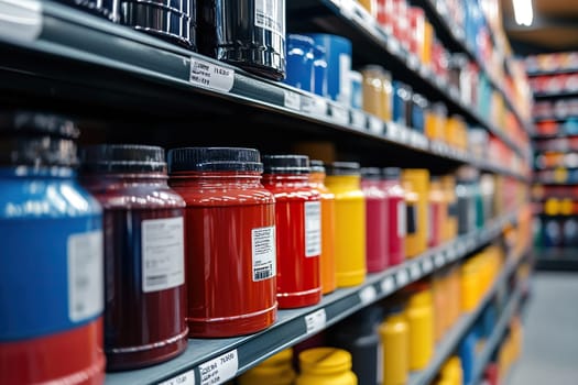 Paint on the shelves of a hardware store