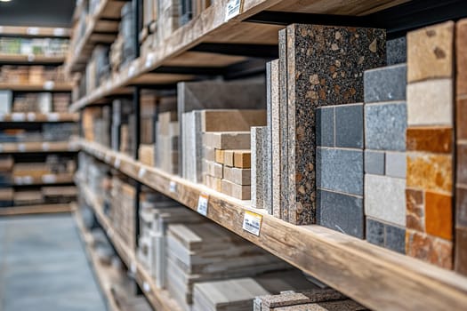 Wooden rack filled with finishing material made of stone and marble. Exhibition samples of tiles.