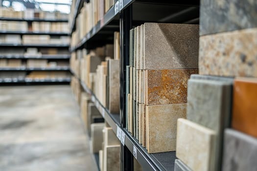Construction store. Shelves with samples of decorative stone and marble used as finishing material.