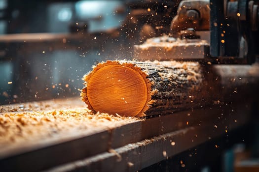 The process of sawing a log at a sawmill. Close-up of a log and flying sawdust.