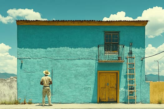 A Mexican man stands next to an old blue building with a wooden ladder leaning against it.