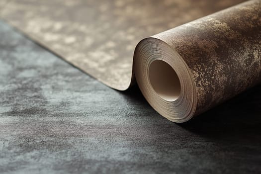 Luxurious natural brown wall paper in a roll lies on a concrete surface