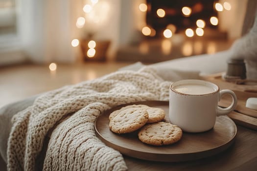 Delicious homemade cookies with a cup of milk on a table in a cozy living room.