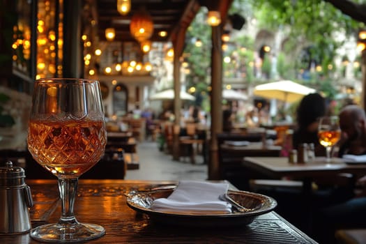 An elegant glass of rose wine on a table at a street cafe.