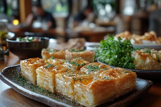 Honey baklava on a plate in a restaurant. Close-up. Traditional Middle Eastern flavors. Turkish baklava.