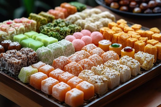 The tray is filled with different types of oriental sweets.