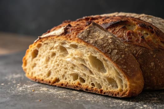 A loaf of sourdough bread sits on a textured surface, showcasing a crispy crust and an open crumb structure. The warm hues of the bread contrast with the darker background.