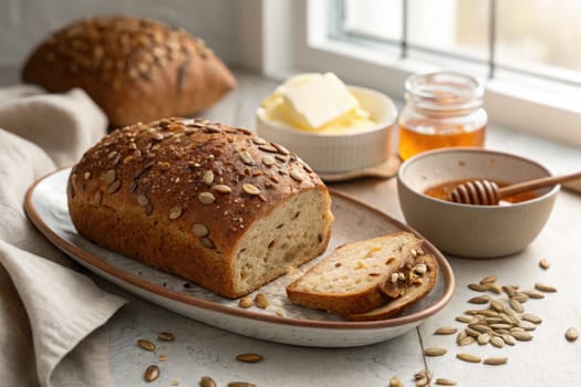 A loaf of whole grain bread topped with seeds is sliced on a plate. Nearby are a bowl of butter, honey in a jar, and a wooden honey dipper, creating a cozy breakfast setting.