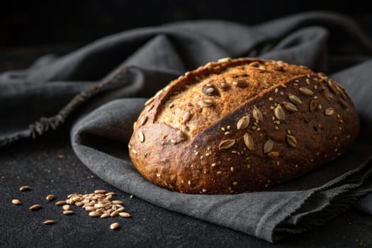 A round loaf of artisanal bread sits on a textured black cloth. The breads crust is adorned with a variety of seeds, showcasing an inviting, homemade appearance, perfect for any meal.
