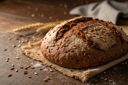 A round loaf of rustic bread with seeds rests on a burlap fabric. Surrounding it are scattered seeds and a few wheat stalks, creating a warm and inviting atmosphere in the kitchen.