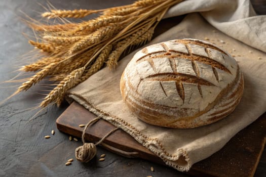 A rustic loaf of sourdough bread rests on a linen cloth, surrounded by golden wheat stalks. The setting evokes a sense of warmth and homemade comfort in a cozy kitchen.