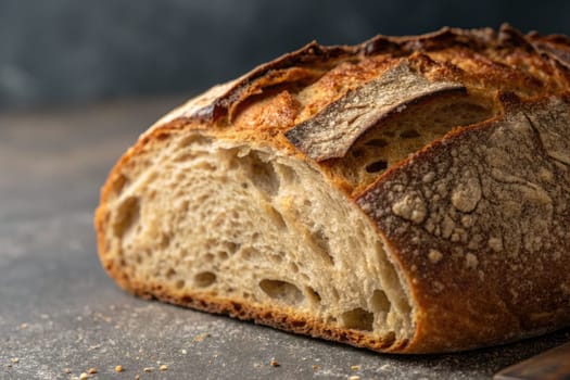 Golden crusted bread loaf rests on a wooden surface, showcasing a textured crust and airy crumb. Warm hues illuminate the kitchen, creating a cozy baking atmosphere.