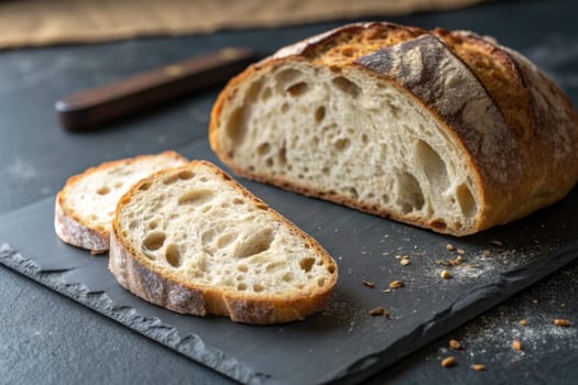 A crusty loaf of freshly baked bread sits on a dark surface with two slices cut and displayed. The golden crust contrasts with the soft, airy interior, inviting a tasting experience.