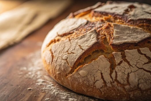 A round loaf of freshly baked artisanal bread rests on a wooden table, showcasing its crusty surface and cracks. Flour is scattered around, highlighting the baking process.