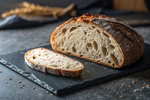 Artisan bread sits on a dark slate board, showcasing its crusty exterior and soft, airy interior. A single slice is laid beside the loaf, ready for tasting, evoking a warm, inviting atmosphere.