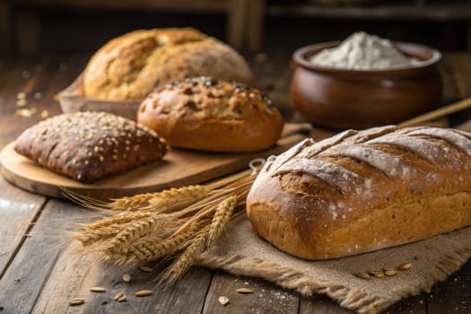 Different types of freshly baked bread are arranged on a rustic wooden table. A bowl of flour and wheat stalks add to the artisanal atmosphere.