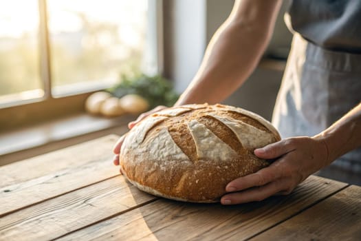 A person holds a round loaf of bread in a sunlit kitchen. The warm light enhances the golden crust while fresh ingredients are subtly visible in the background.