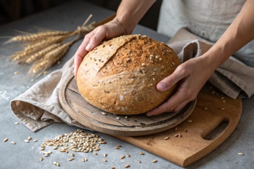 Hands gently hold a round loaf of whole grain bread on a wooden cutting board. Wheat stalks and grains are placed nearby, showcasing the artisan baking process in a rustic kitchen.