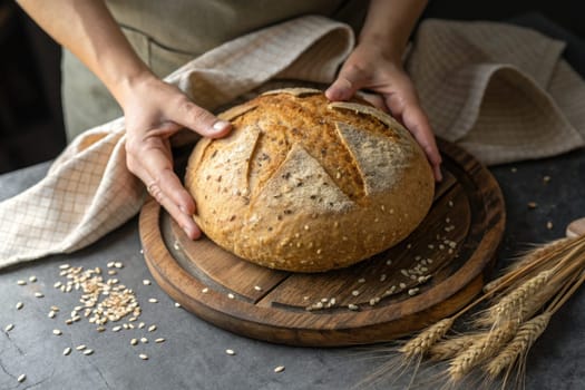 A person gently holds a round artisan bread just out of the oven, surrounded by some grains and wheat. The setting is warm and rustic, emphasizing the baking process.