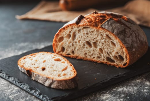 A rustic loaf of sourdough bread sits on a dark slate surface. One slice is cut away, revealing the airy texture and crusty exterior. The setting features warm lighting for a cozy feel.