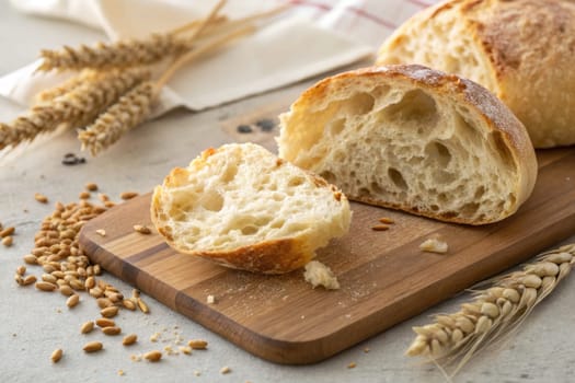 Homemade bread rests on a wooden board, showcasing a crusty exterior and soft interior. Surrounding the loaf are grains and wheat stalks, enhancing the rustic kitchen atmosphere.