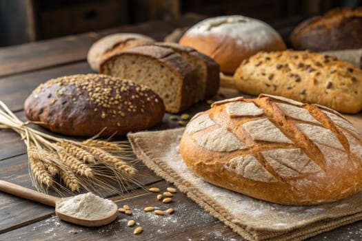 A variety of artisan breads are presented on a rustic wooden table. Wheat and flour are displayed alongside the breads, showcasing a warm and inviting atmosphere in a bakery setting.
