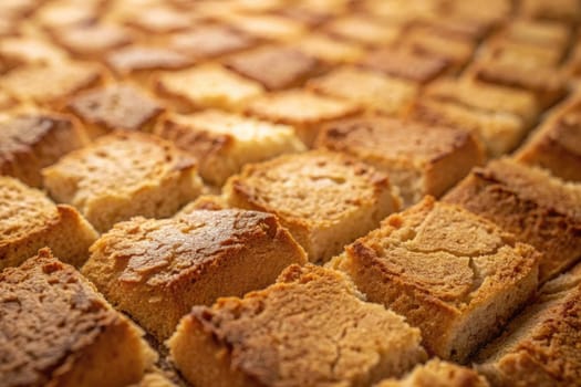 Rows of moist cake squares sit cooling on a countertop, showcasing a golden brown crust. The texture is inviting, revealing a light and airy interior. Perfect for dessert lovers.