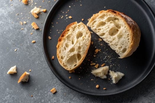 A crusty loaf of freshly baked bread is torn in half on a black plate. Crumbs are strewn across the surface, highlighting the texture and freshness of the baked goods.