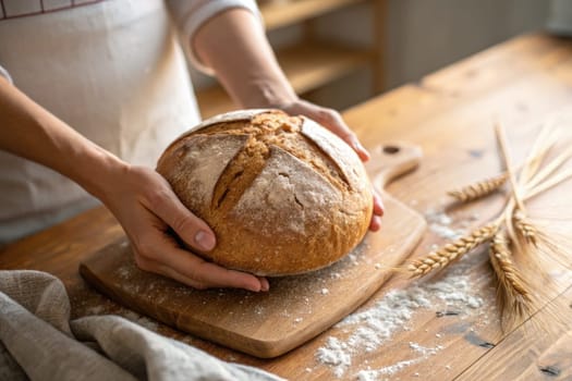 A person is holding a round loaf of freshly baked bread on a wooden cutting board. The kitchen has a warm atmosphere with flour scattered on the surface and wheat stalks nearby.