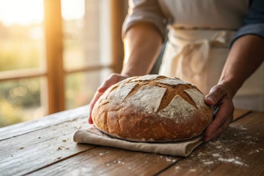 Baker in an apron holds a round loaf of bread on a cloth. Sunlight streams through a window, illuminating the warm, rustic setting.