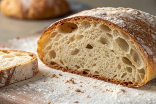A sliced loaf of crusty bread reveals a fluffy interior dusted with flour. The bread is resting on a wooden board, with another loaf in the background, showcasing artisanal baking.