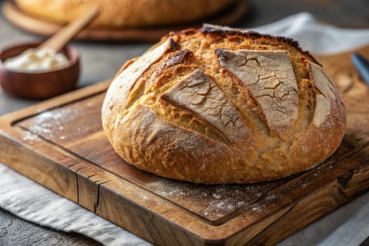 Sourdough bread sits on a wooden cutting board in a cozy kitchen. The crust is golden brown with a crispy texture. Nearby, a small bowl holds softened butter, waiting to be spread.