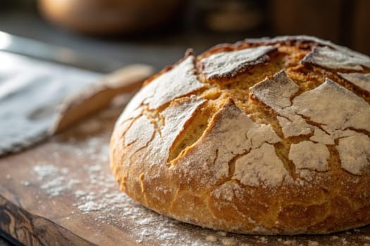 A rustic loaf of artisan bread rests on a wooden cutting board, dusted with flour. Soft natural light highlights the crusty surface, inviting anyone to enjoy its warm, comforting aroma.