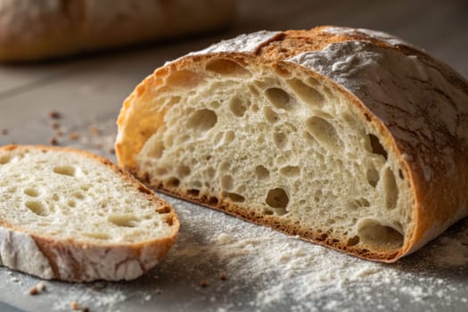 A freshly baked loaf of artisanal bread is sliced, revealing its airy interior and crispy crust. Flour dust is scattered on the surface, enhancing the rustic charm of this baking process.