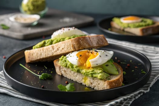 Freshly prepared avocado toast featuring creamy avocado spread and a perfectly poached egg on whole grain bread.