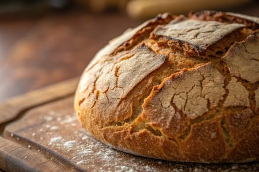 A round loaf of artisan bread sits on a wooden cutting board, showcasing a crusty exterior with a golden-brown hue. Flour dust creates a rustic touch.