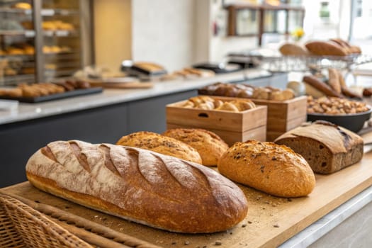 Freshly baked loaves of various breads are elegantly arranged on a wooden counter in a contemporary bakery. The inviting atmosphere is complemented by natural light.