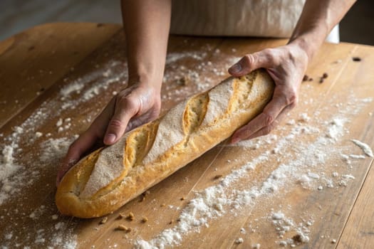 A person prepares to place a freshly baked baguette on a wooden table scattered with flour. The cozy kitchen radiates warmth as they hold the warm bread, ready for serving.